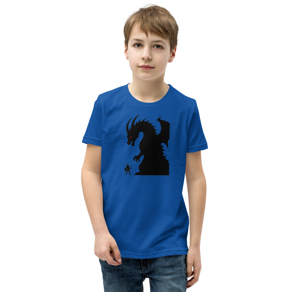 Tiny Hero Giant Boss Silhouette Minimalist Gamer T-Shirt — Kids Tee — true royal front view
