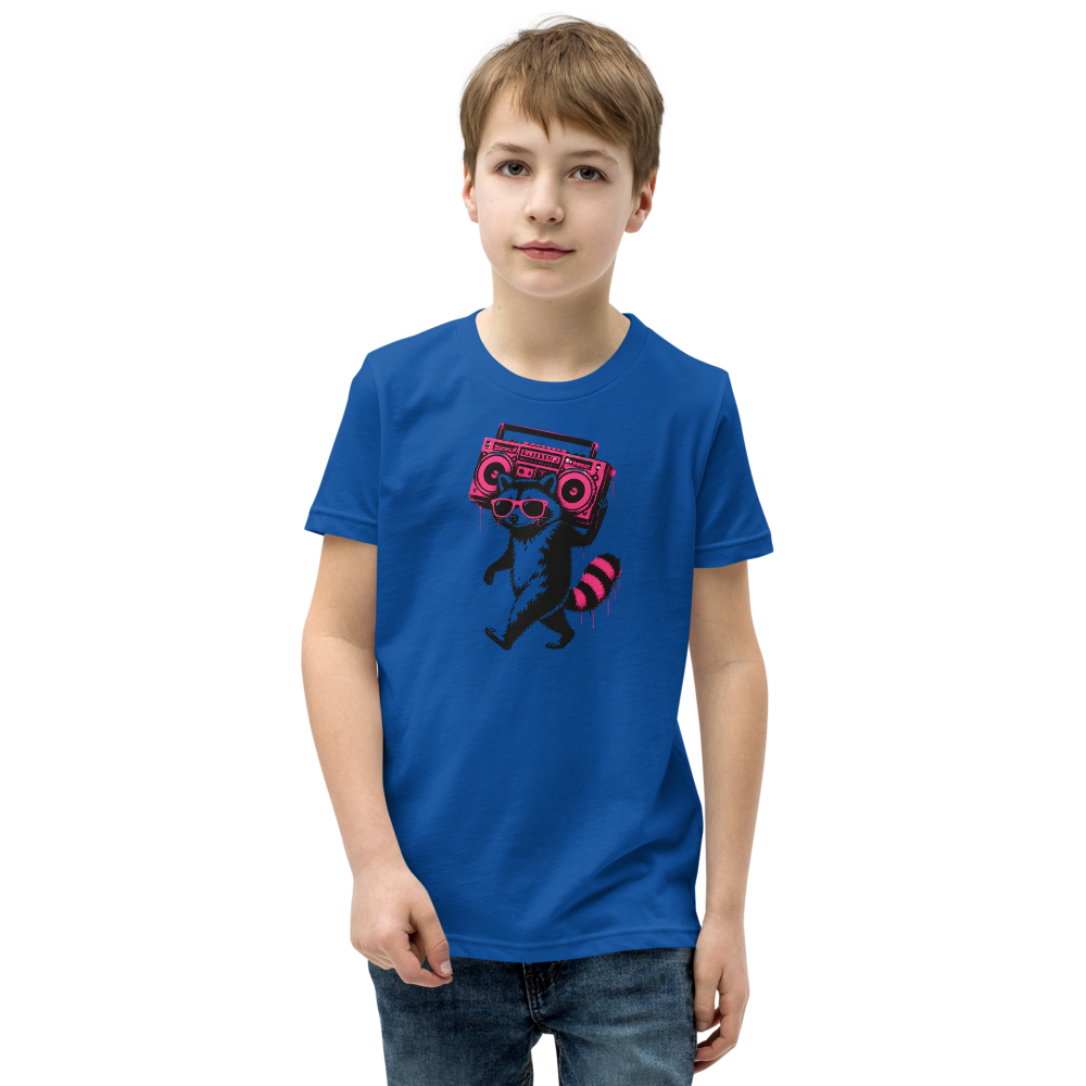 Stencil Raccoon With Boombox Street Art Tee — true royal front view