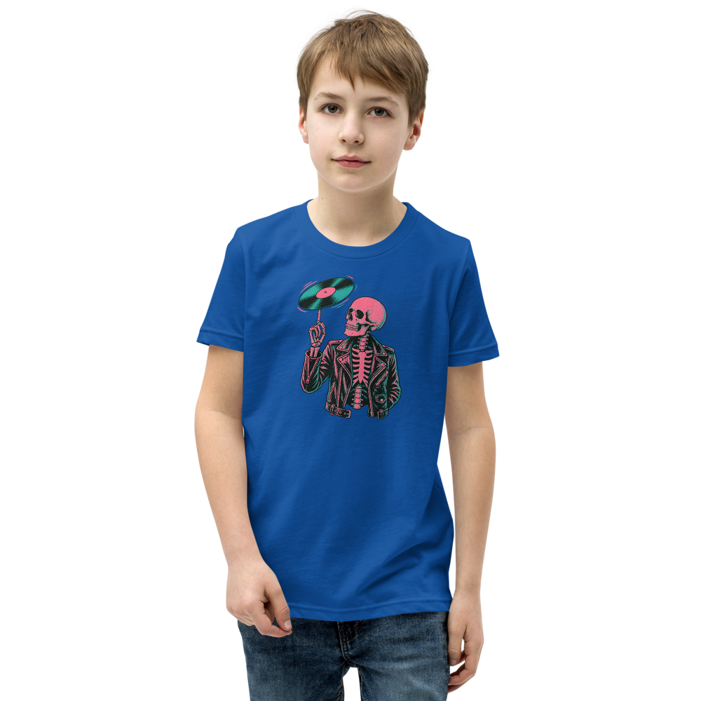 Riso Skeleton Vinyl Spin Gig Poster Punk Rock Tee — true royal front view