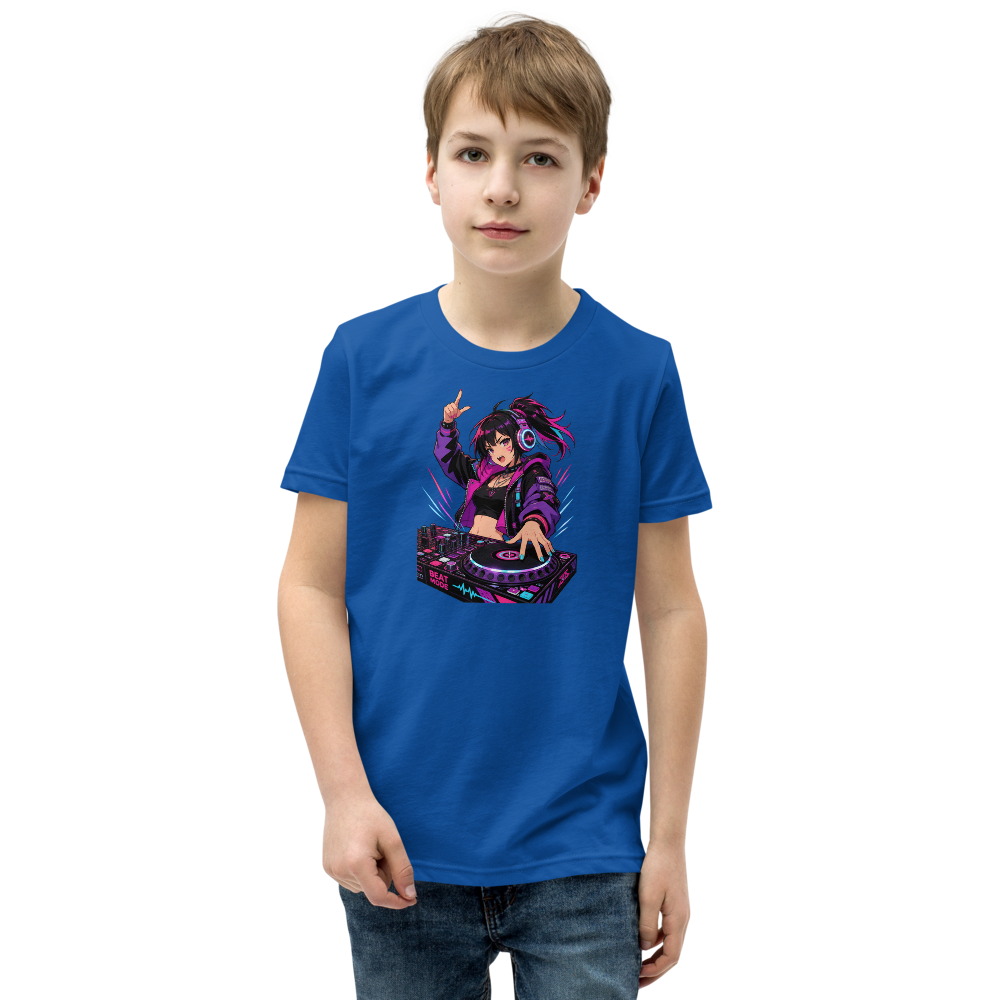 Anime Turntable Girl Synthwave Neon Drop Tee — true royal front view