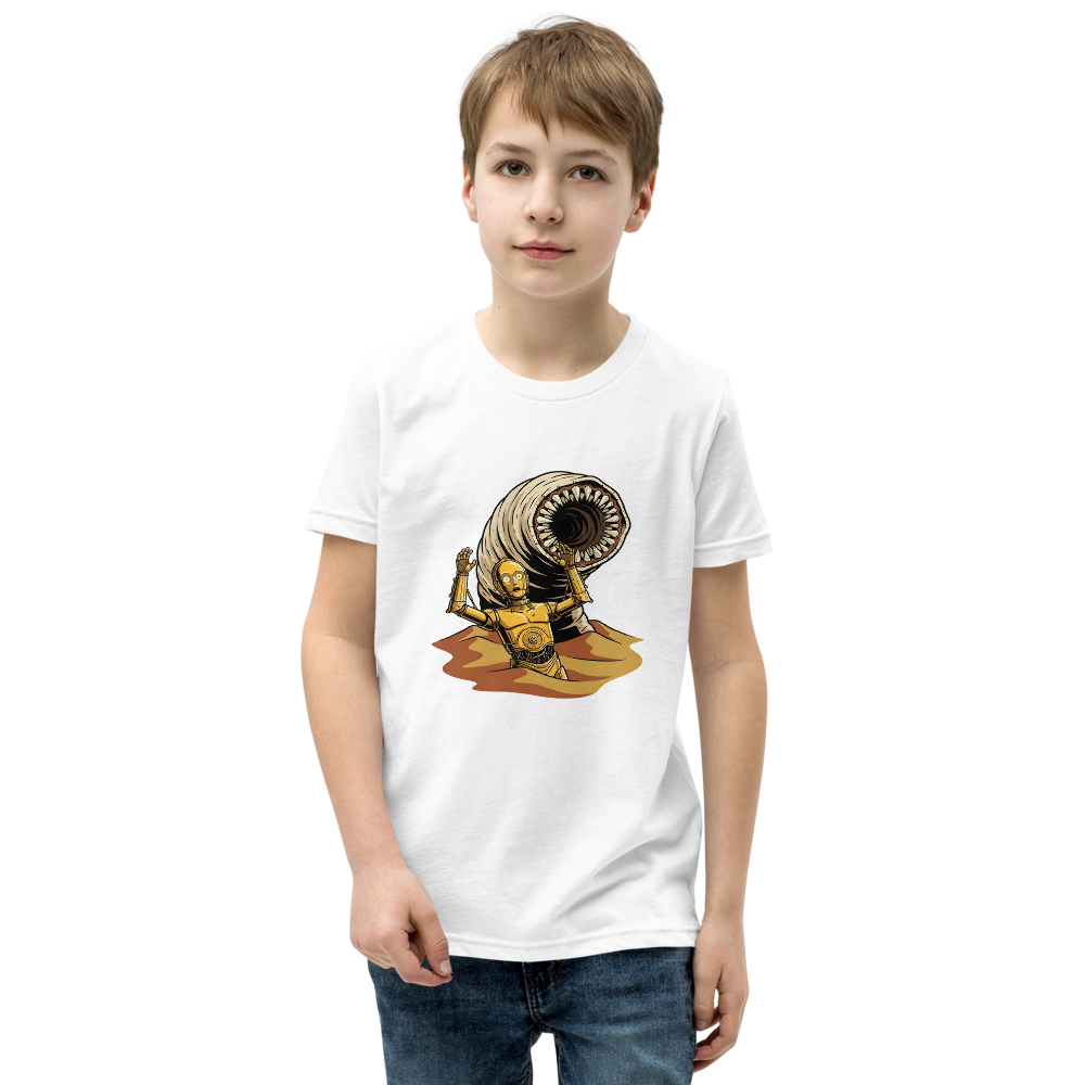 Golden Protocol Droid Desert Worm Peril Comic Tee — Kids Tee — white front view