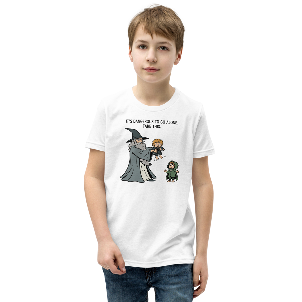 Wizard Hands Off Tiny Hobbit Fantasy Parody Tee — Kids Tee — white front view