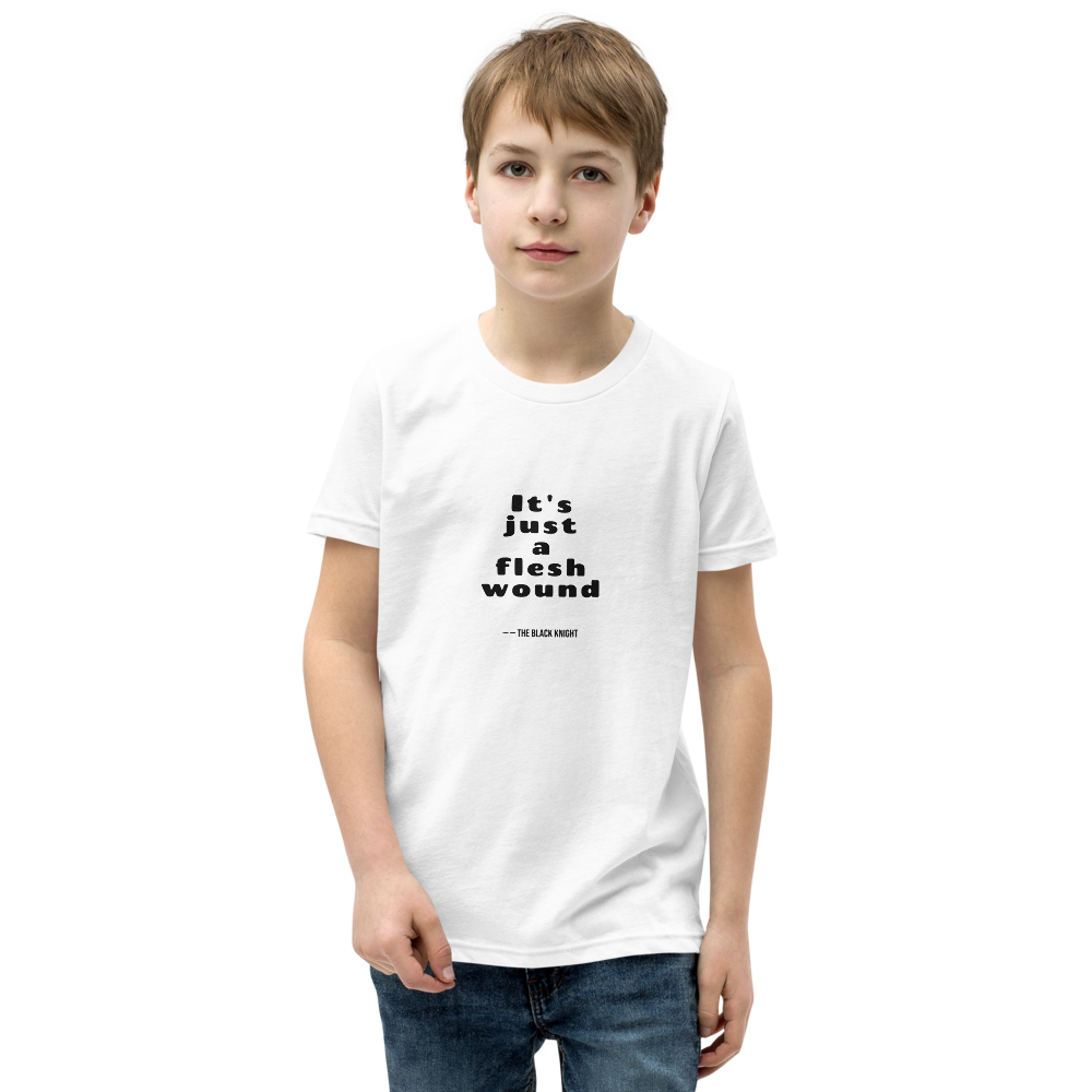 Flesh Wound Cult Comedy Quote Tee — Kids Tee — white front view