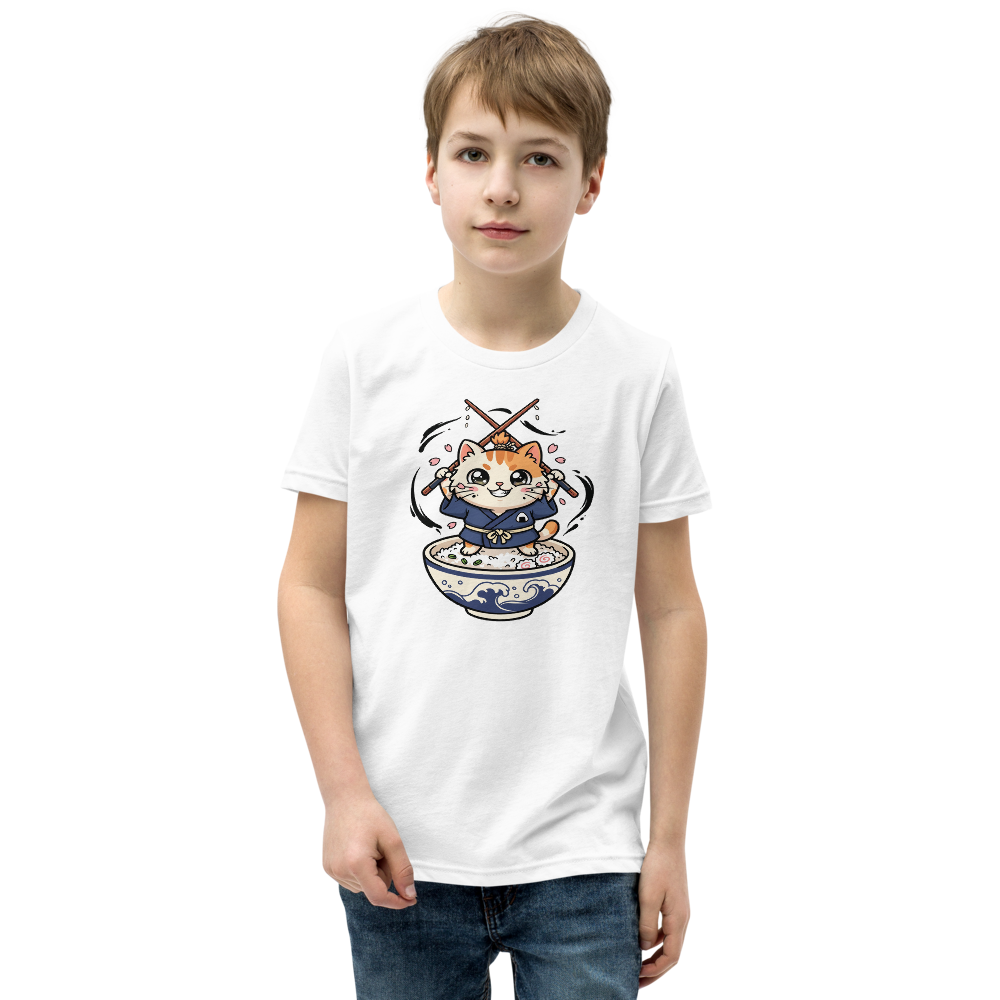 Chibi Ronin Chef Cat Chopstick Katana Anime Tee — white front view