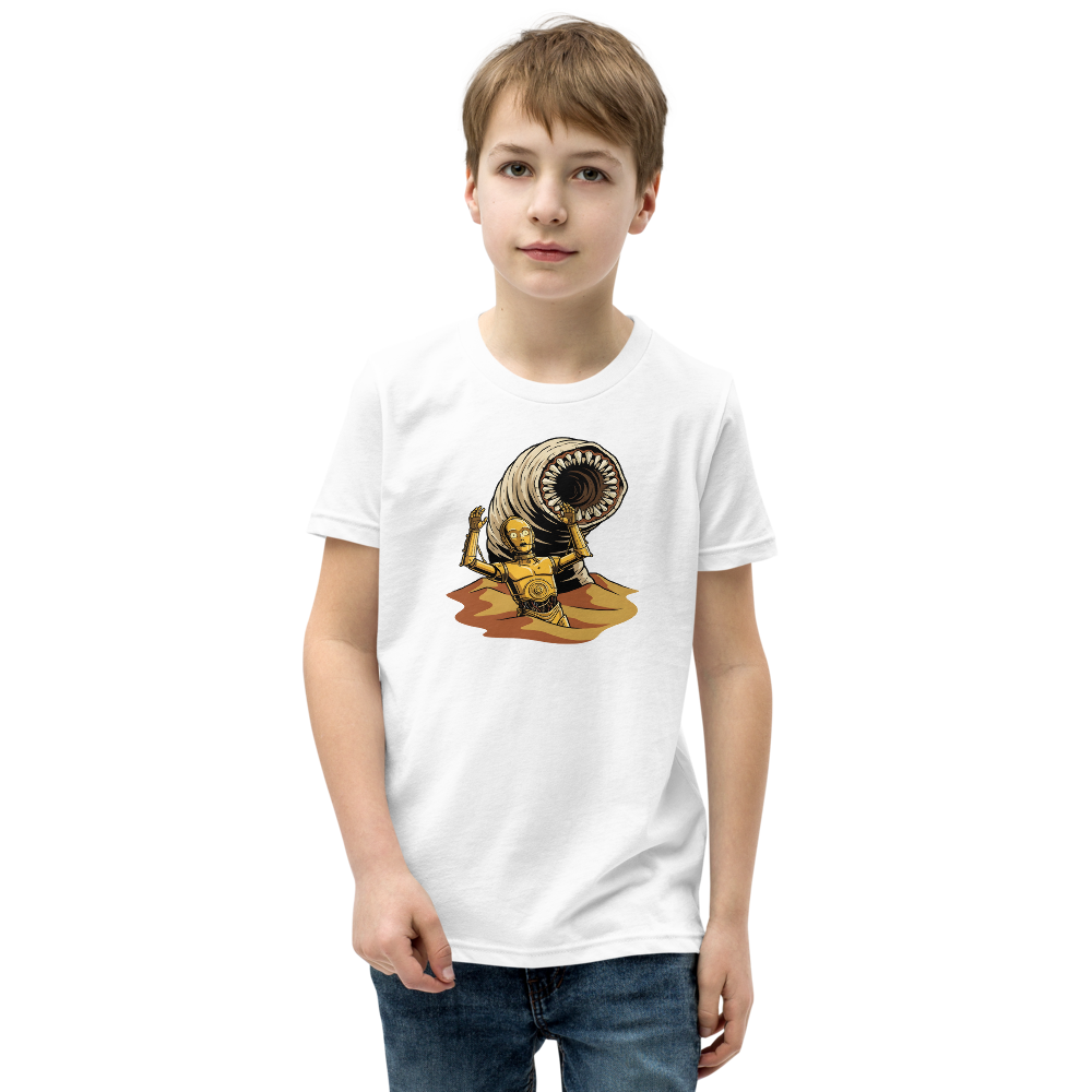 Golden Protocol Droid Desert Worm Peril Comic Tee â€” White front view