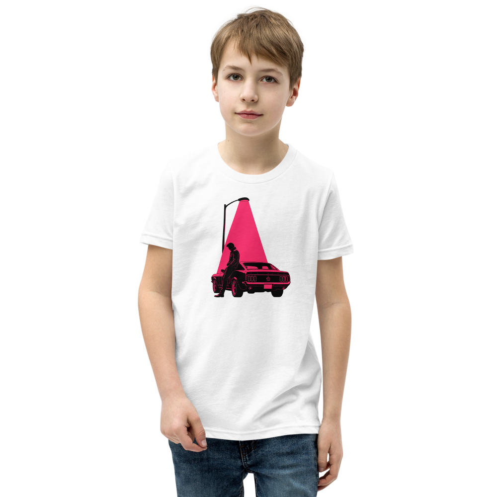 Neon Noir Midnight Driver Muscle Car Silhouette Tee â€” White front view