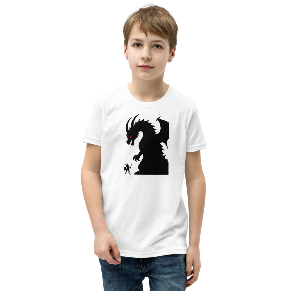 Tiny Hero Giant Boss Silhouette Minimalist Gamer T-Shirt — Kids Tee — white front view