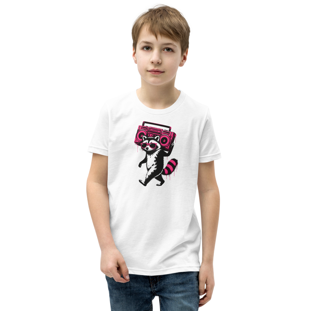 Stencil Raccoon With Boombox Street Art Tee — white front view