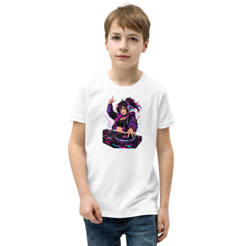 Anime Turntable Girl Synthwave Neon Drop Tee — white front view