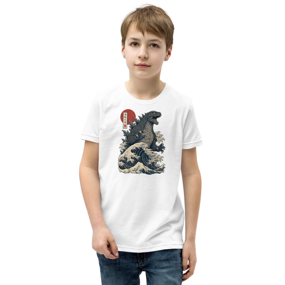 Sea Monster Great Wave Woodblock Print Tee — white front view